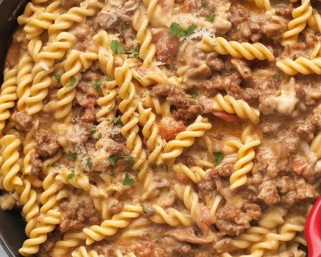 6 Tasty Beef and Olive Pasta Ideas for Dinner Delight 1 Delicious Beef and Olive Pasta dish featuring ground beef, olives, and tomatoes.