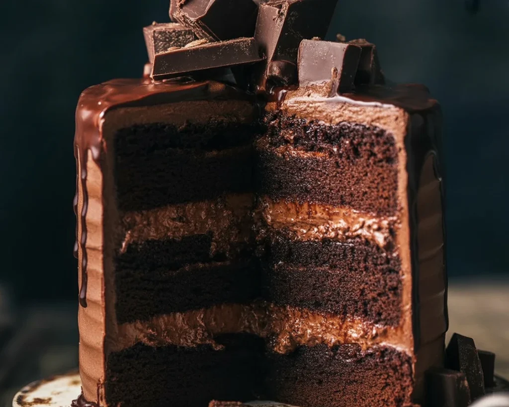 Ultimate Brownie Cake topped with rich chocolate ganache and decadent layers.