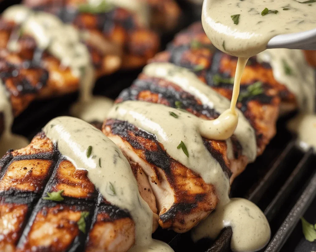 Delicious Cajun Grilled Chicken with Alabama White Sauce on a plate.