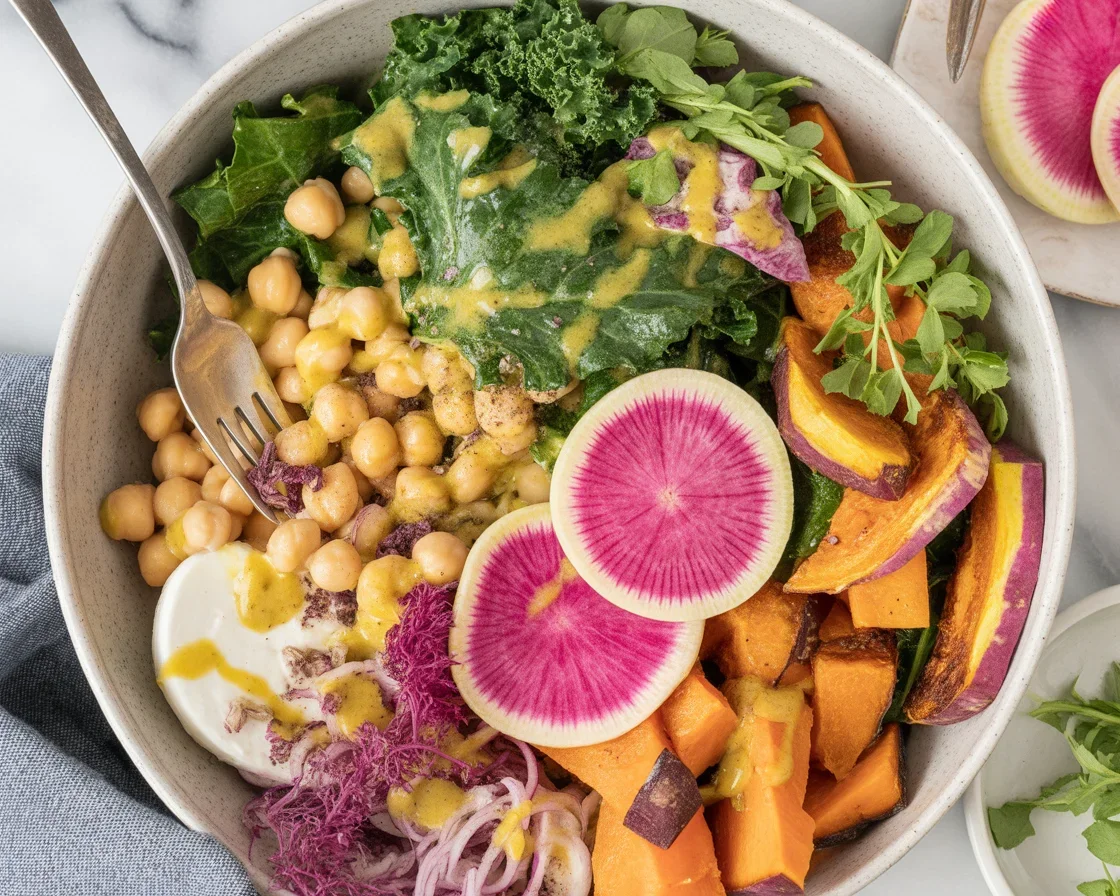 healthy Chickpea Grain Bowls & Zesty Tahini Dressing Bliss 1 Healthy grain bowls with chickpeas and tahini dressing topped with fresh veggies.