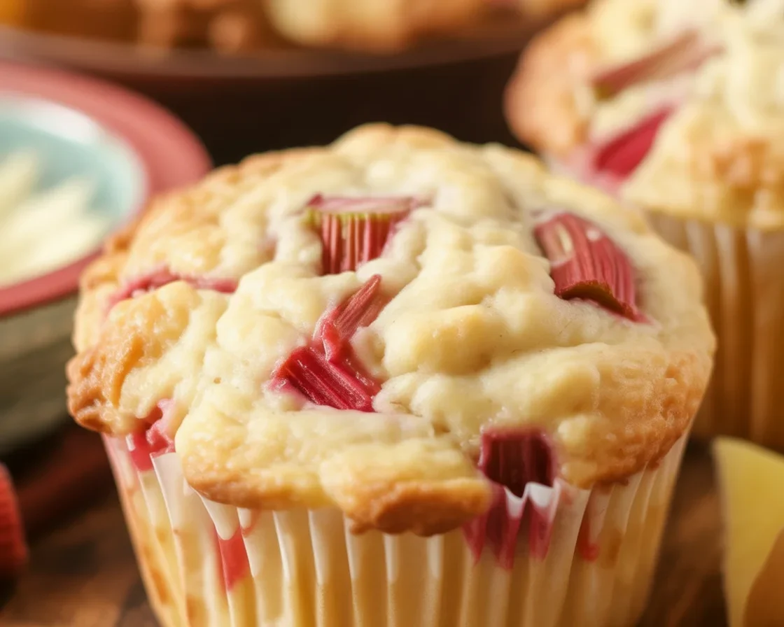 Freshly baked rhubarb muffins with cinnamon topping and chunks of rhubarb.