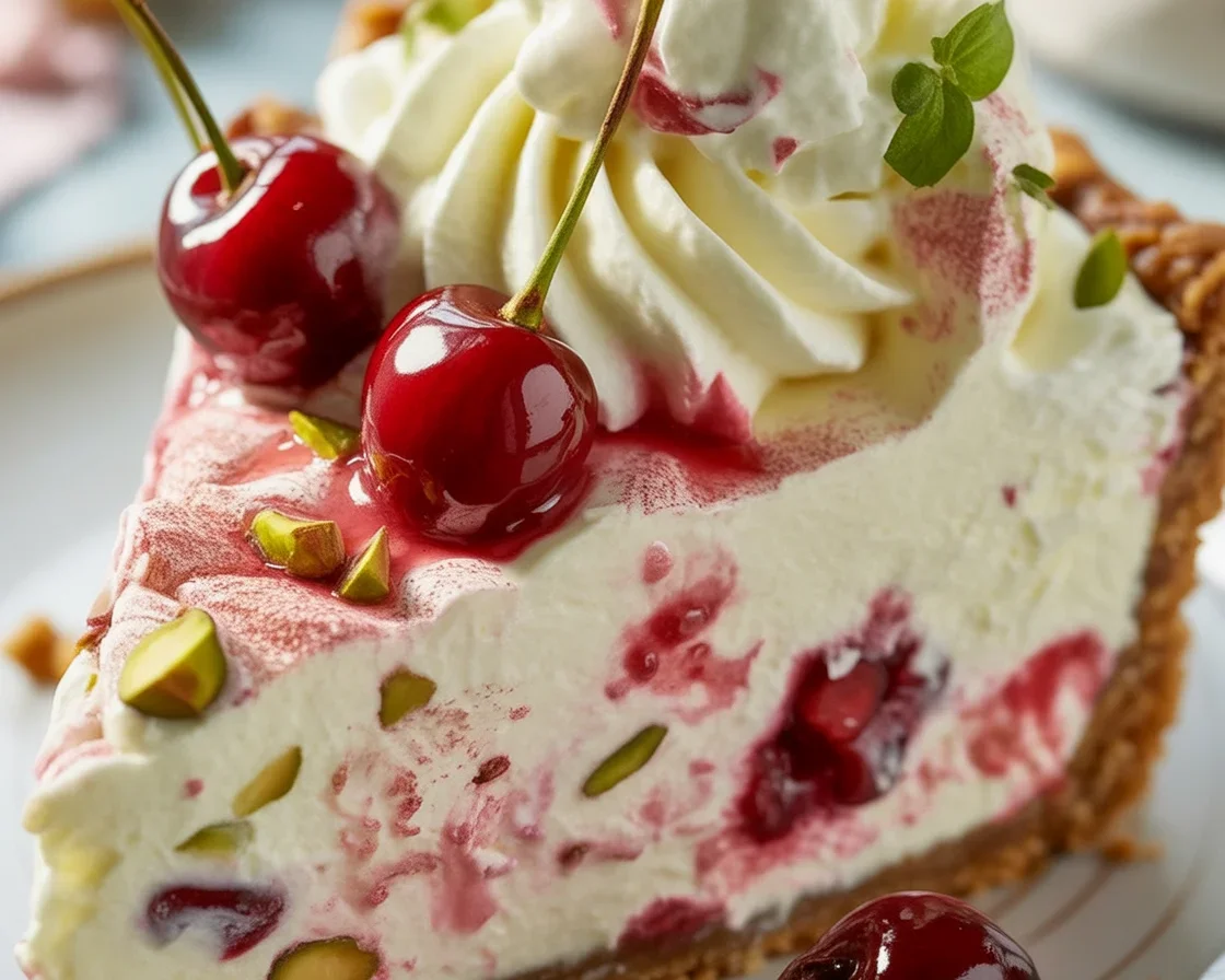Delightful Lemon-Lime Cherry Pistachio Cheesecake 1 Lemon-Lime Cherry Pistachio Cheesecake topped with cherries and pistachios.