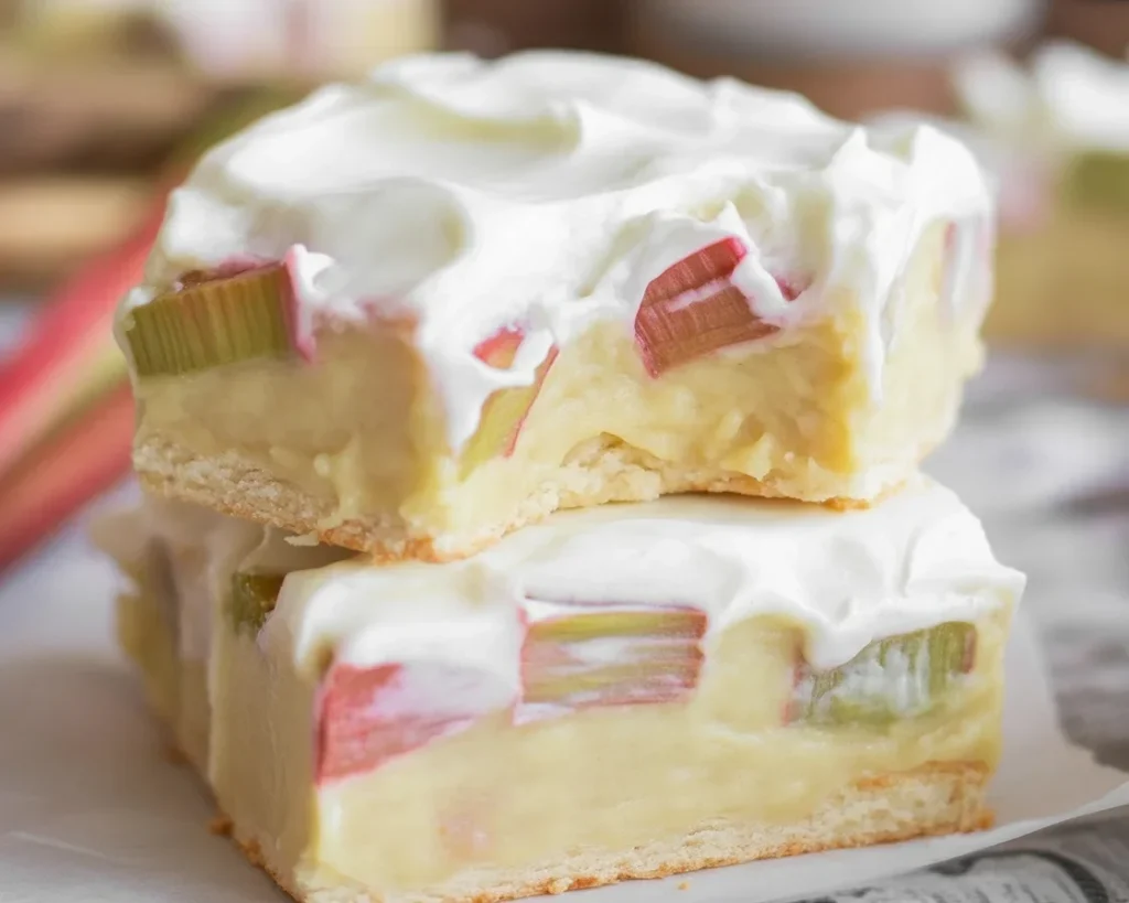 Homemade Rhubarb Custard Bars Delight 12 Delicious homemade Rhubarb Custard Bars with a shortbread crust and creamy filling.