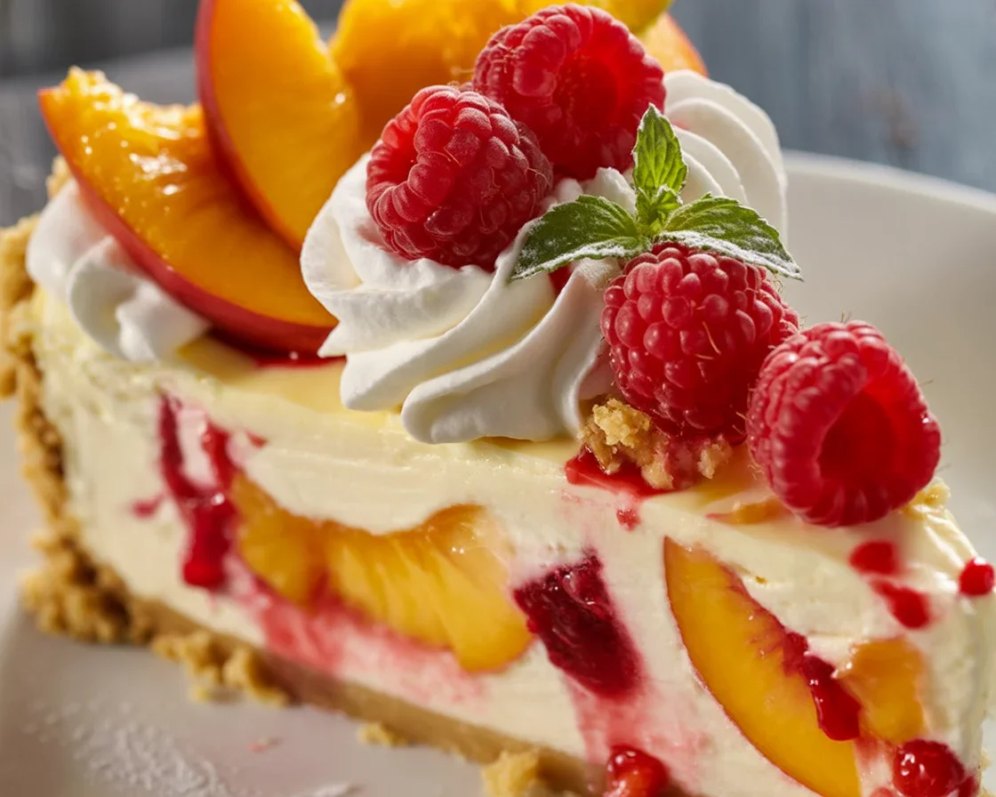 Sweet and Simple Orchard Fresh Cheesecake Recipe 1 Delicious Orchard Fresh Cheesecake topped with fresh peaches and raspberries.
