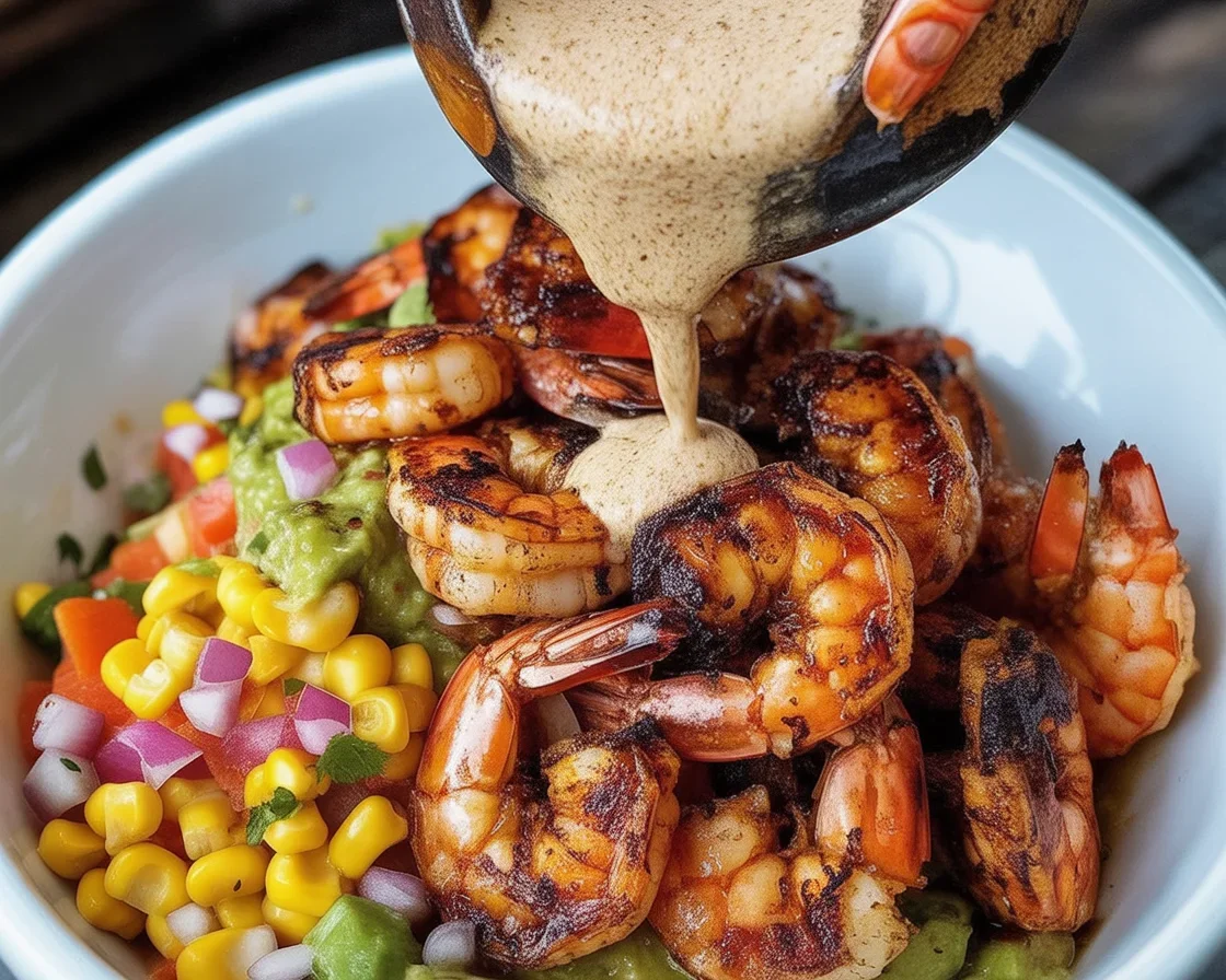 Tasty Grilled Shrimp Bowl with Avocado & Zesty Corn Salsa 1 Grilled shrimp bowl featuring avocado, corn salsa, and creamy garlic sauce.