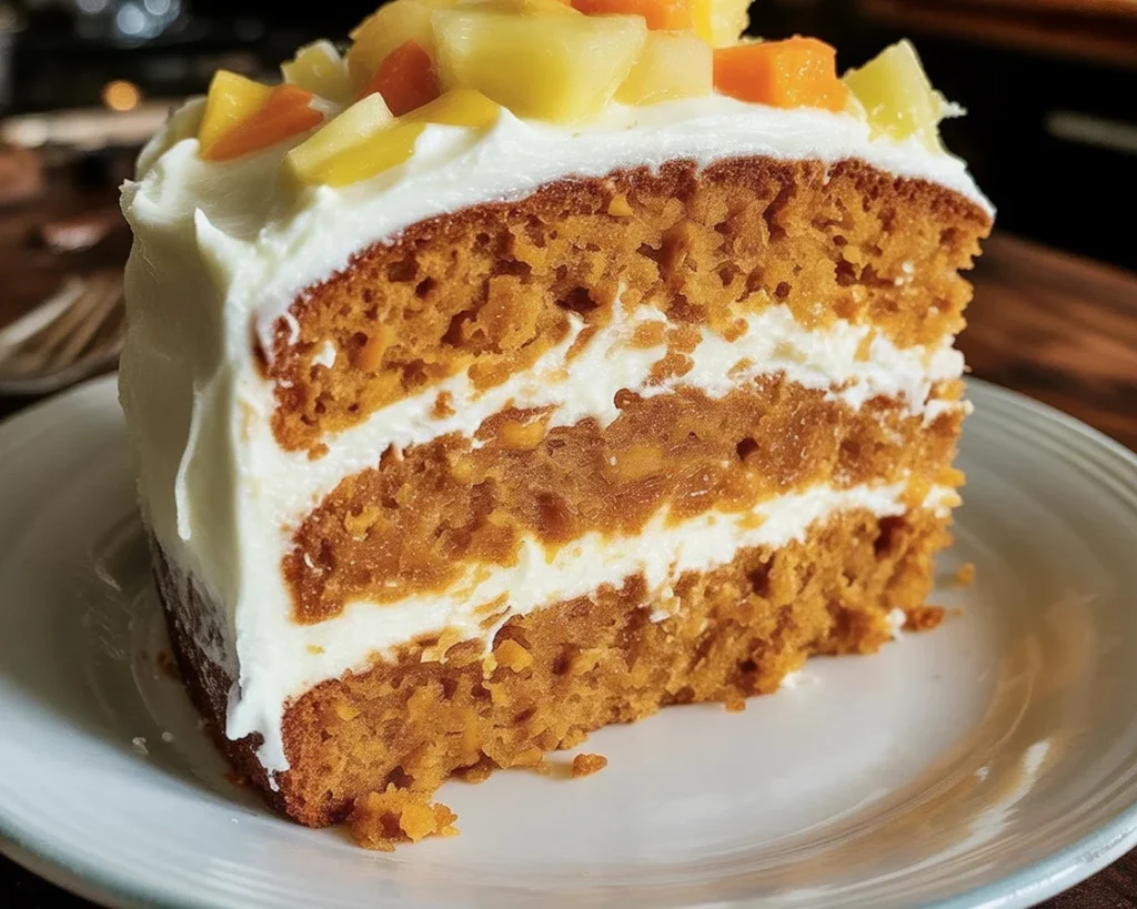 A moist Hawaiian Carrot Pineapple Cake topped with rich cream cheese frosting.