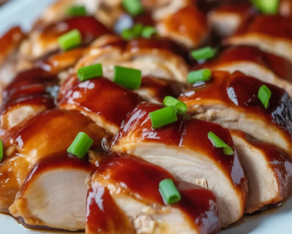 Savory and sticky Chicken (Char Siu) served with garnish and a side dish