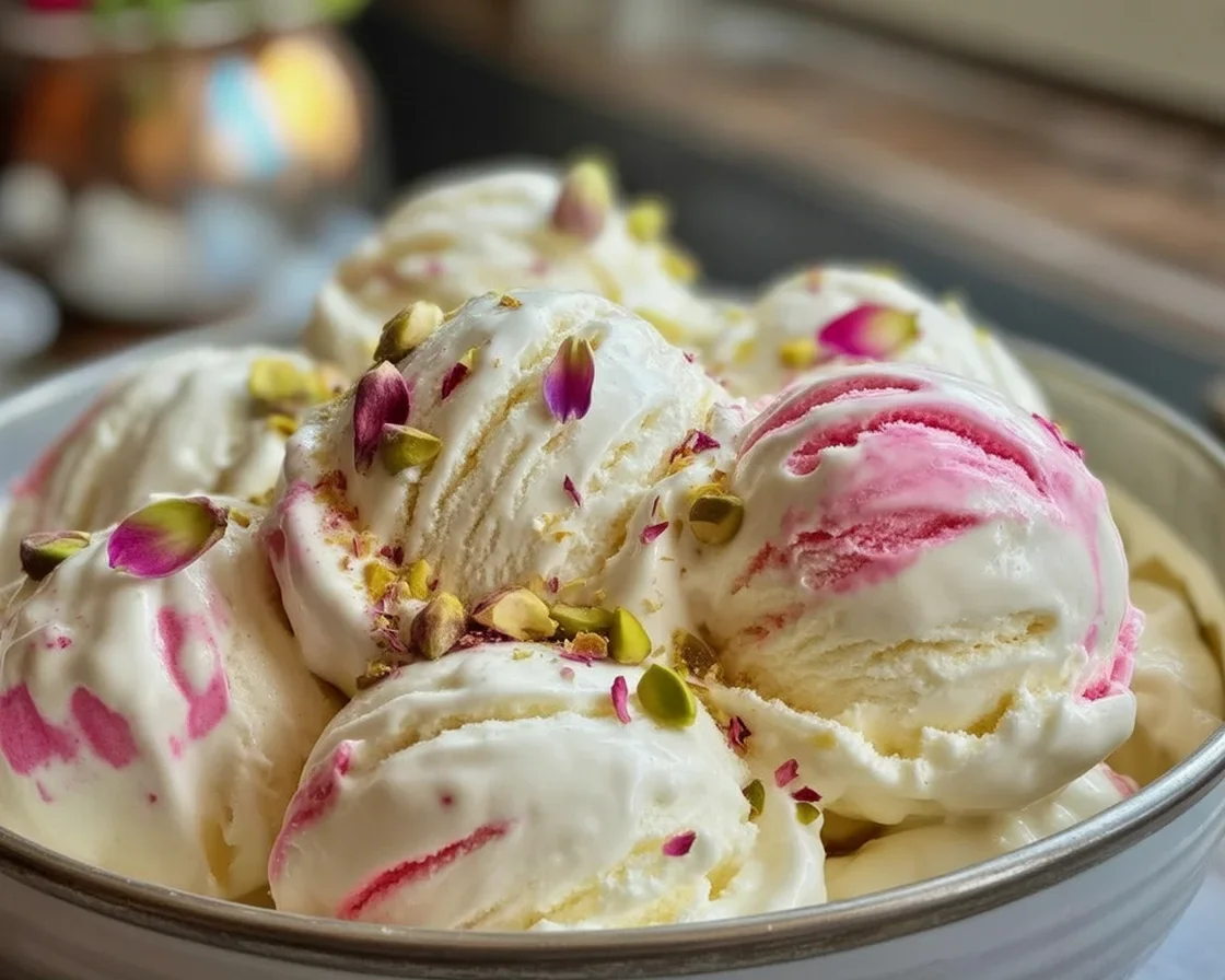 5 Irresistible Ways to Enjoy Rose Pistachio Cheesecake Ice Cream 1 A decadent bowl of Rose Pistachio Cheesecake Ice Cream garnished with pistachios and roses.