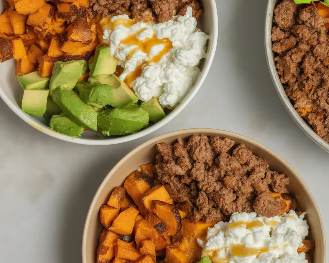 7 Must-Try Cottage Cheese Taco Bowl Combos 1 Delicious cottage cheese taco bowl filled with seasoned ground beef, fresh avocado, and drizzled with spicy sauce.