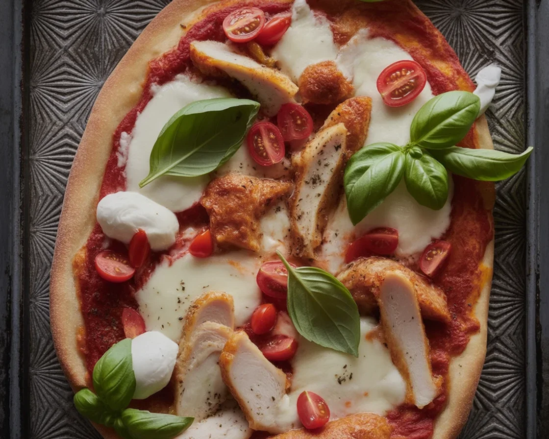 chicken parm pizza 1 Delicious homemade chicken parm pizza topped with marinara and mozzarella cheese.