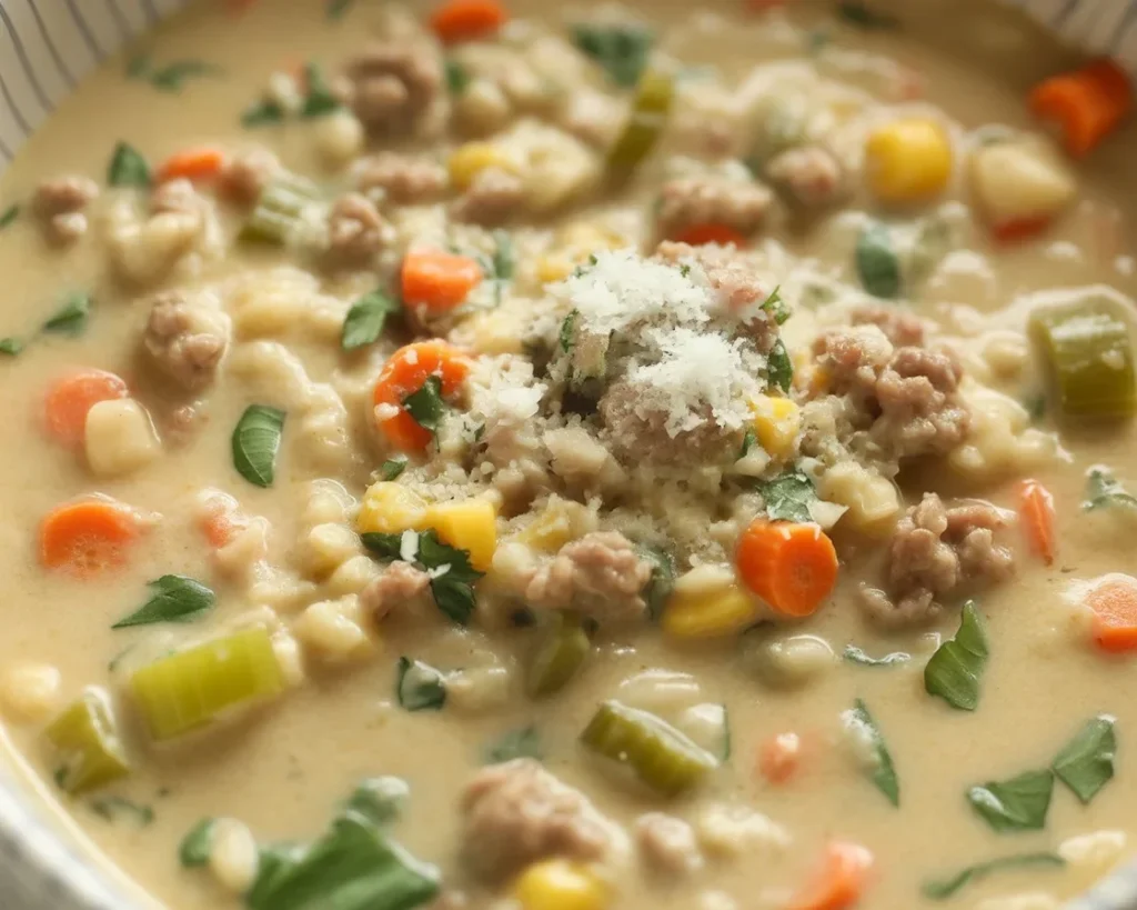 Bowl of creamy sausage corn chowder topped with fresh herbs, a comforting one-pot meal.