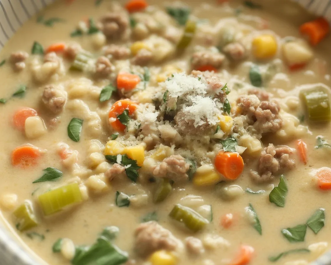 Cozy Sausage Corn Chowder: A Creamy One-Pot Delight! 1 Bowl of creamy sausage corn chowder topped with fresh herbs, a comforting one-pot meal.