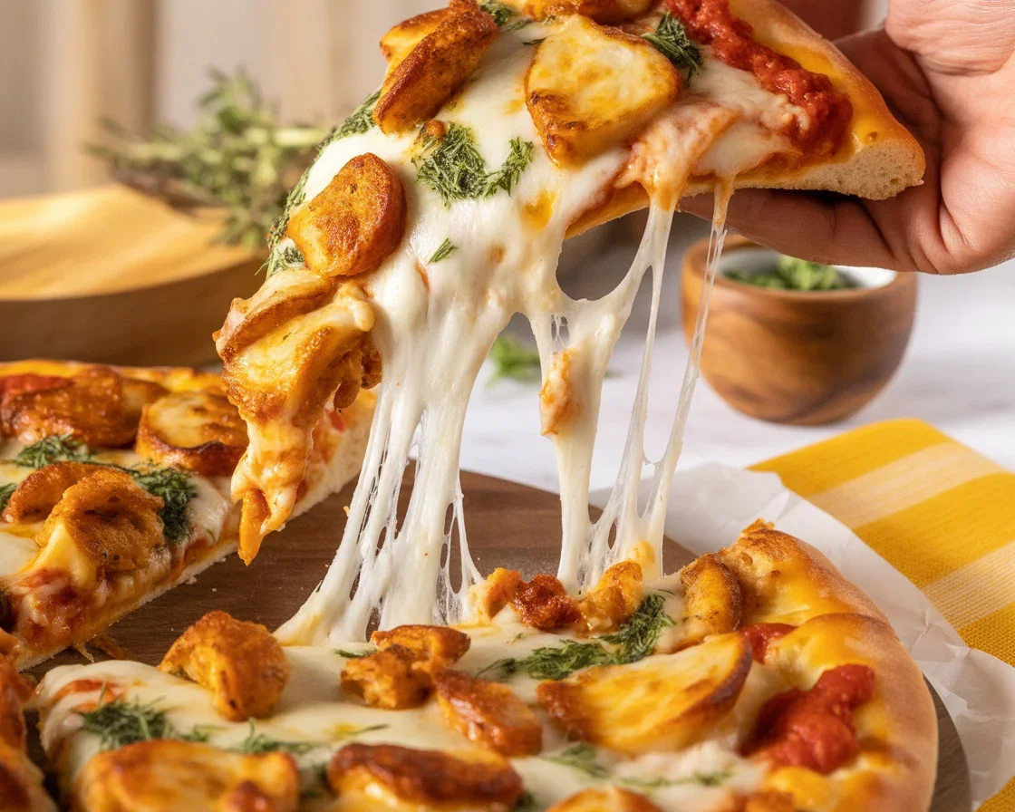 EASY CHICKEN PARMESAN PIZZA STYLE RECIPE 1 EASY CHICKEN PARMESAN PIZZA STYLE RECIPE with golden crust and melted cheese.