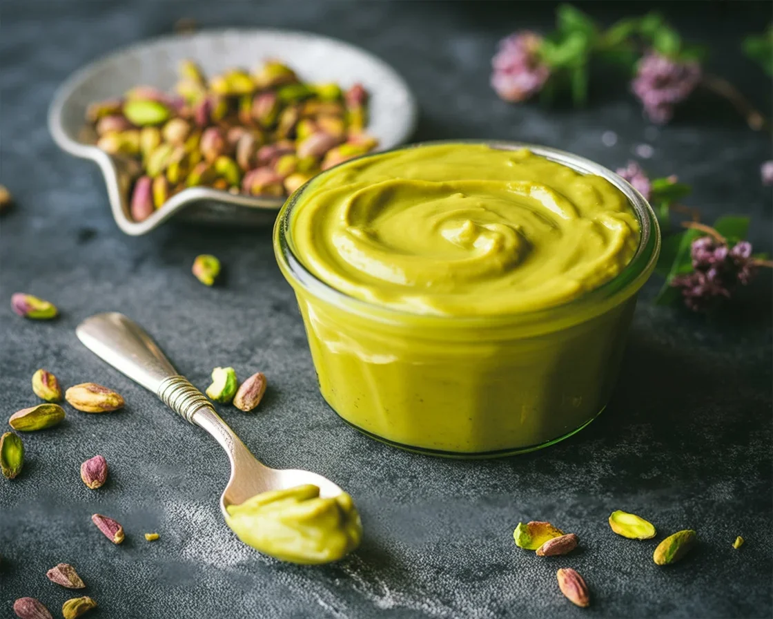 how to make pistachio cream for dubai chocolate 1 Homemade pistachio cream preparation for Dubai chocolate.