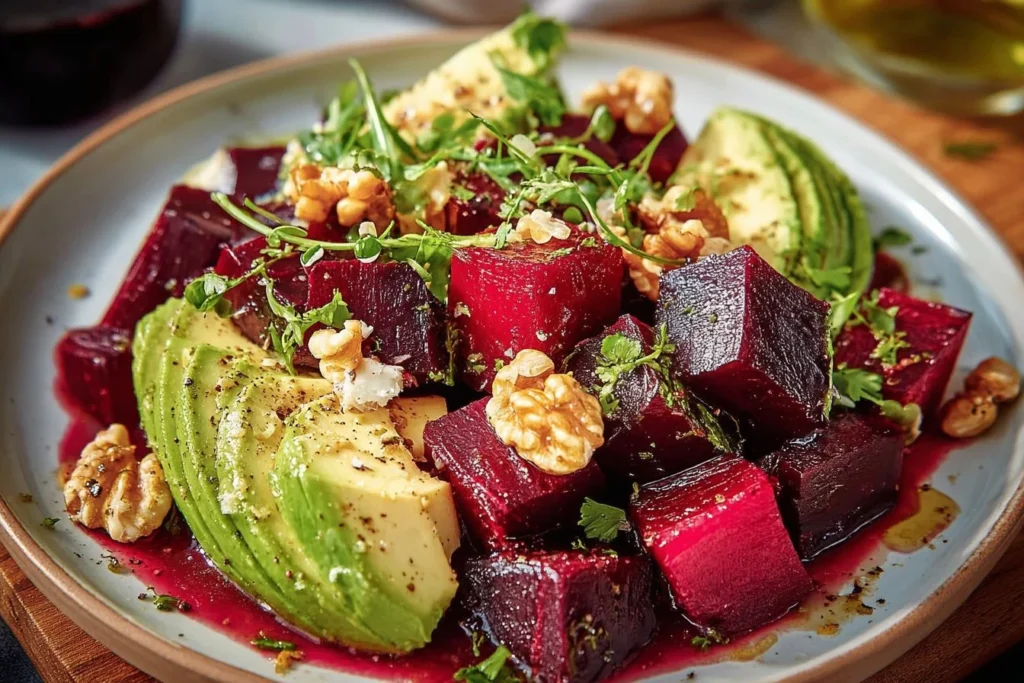 Roasted beet salad with fresh greens, nuts, and a vibrant dressing served in a bowl.