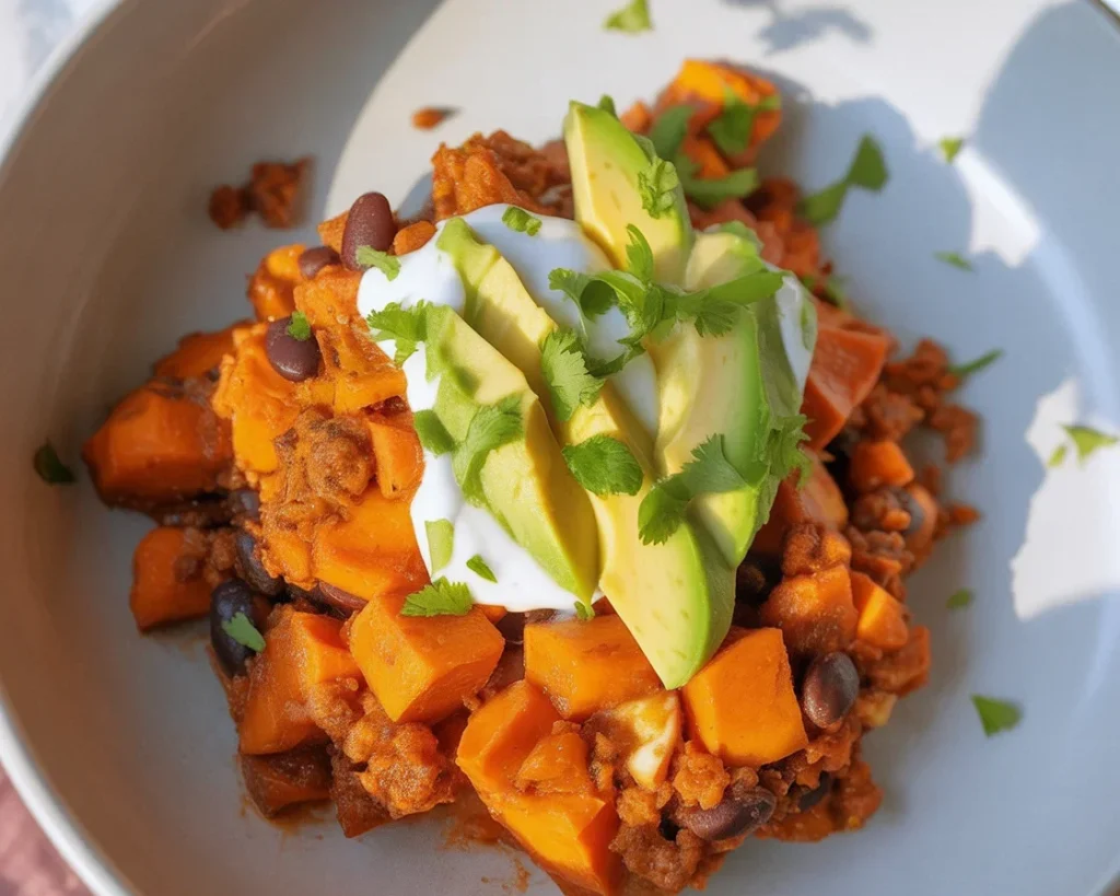 Black Bean Sweet Potato Taco Skillet topped with tortilla chips and avocado