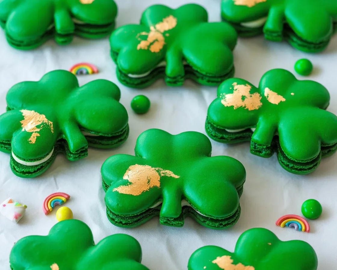 shamrock macarons gold 1 Shamrock macarons decorated with gold leaf and filled with Baileys chocolate ganache.