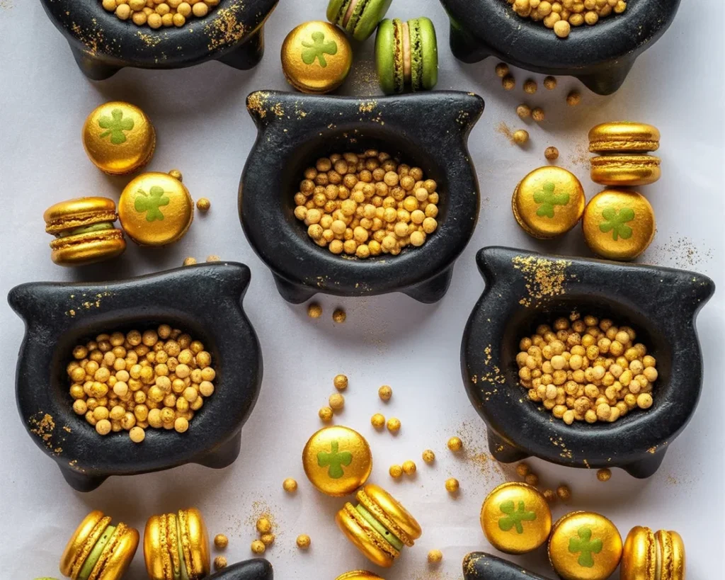 St. Patrick's Day shamrock macarons filled with Baileys chocolate ganache.