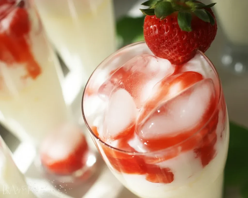 A refreshing glass of strawberries and cream soda topped with whipped cream and fresh strawberries.
