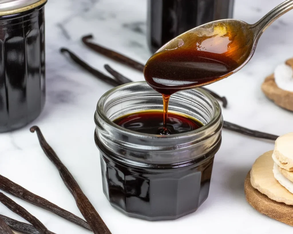 Homemade vanilla bean paste in a glass jar surrounded by vanilla beans.
