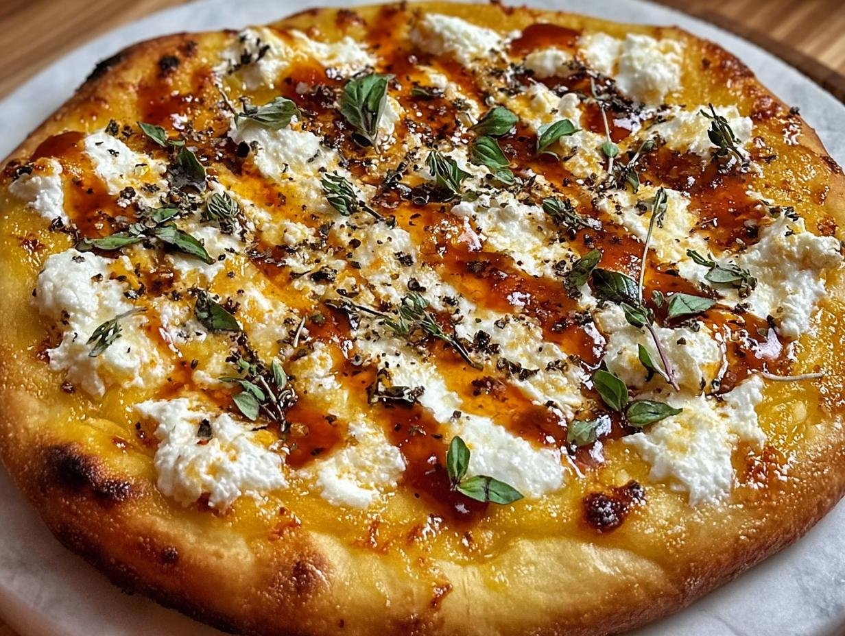 Irresistible Hot Honey Ricotta: 1 Amazing Pizza 3 Irresistible Hot Honey Ricotta Pizza being drizzled with hot honey