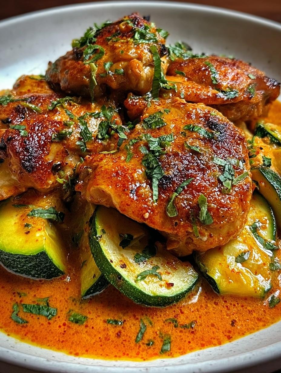 Creamy Paprika Roasted Chicken - close-up of seasoned chicken thighs searing in a skillet