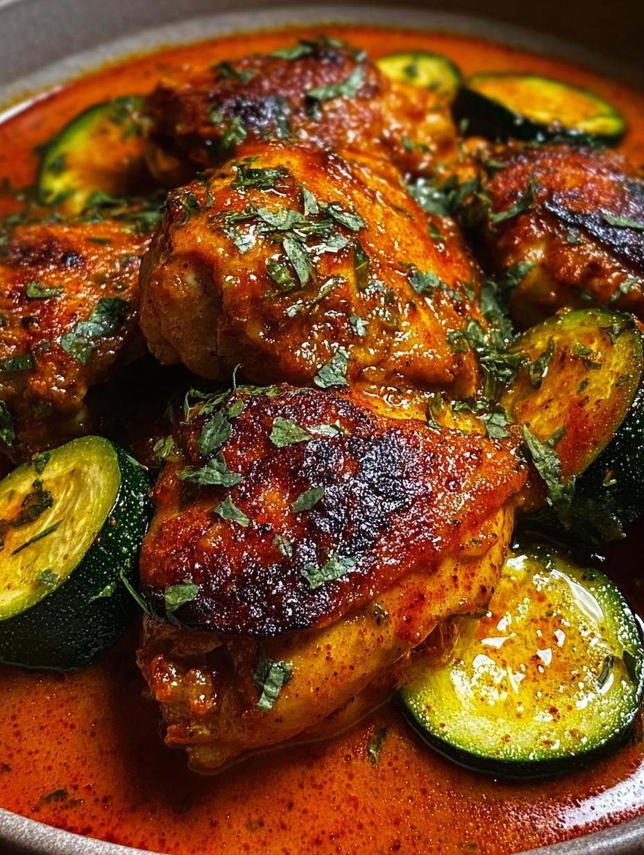 Creamy Paprika Roasted Chicken - finished dish in skillet with zucchini and sauce