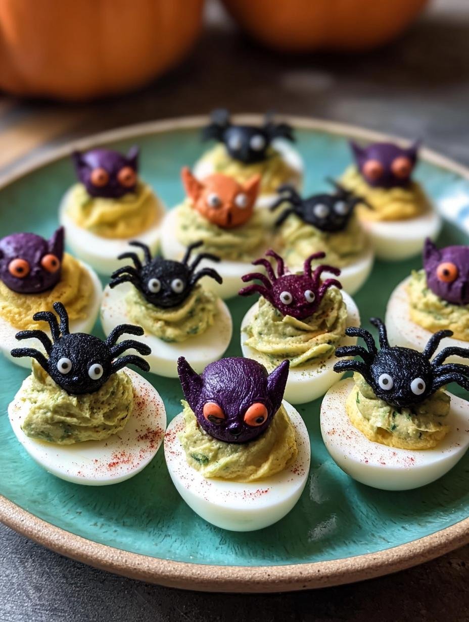 Creepy Deviled Eggs Halloween: Close-up of decorated deviled eggs