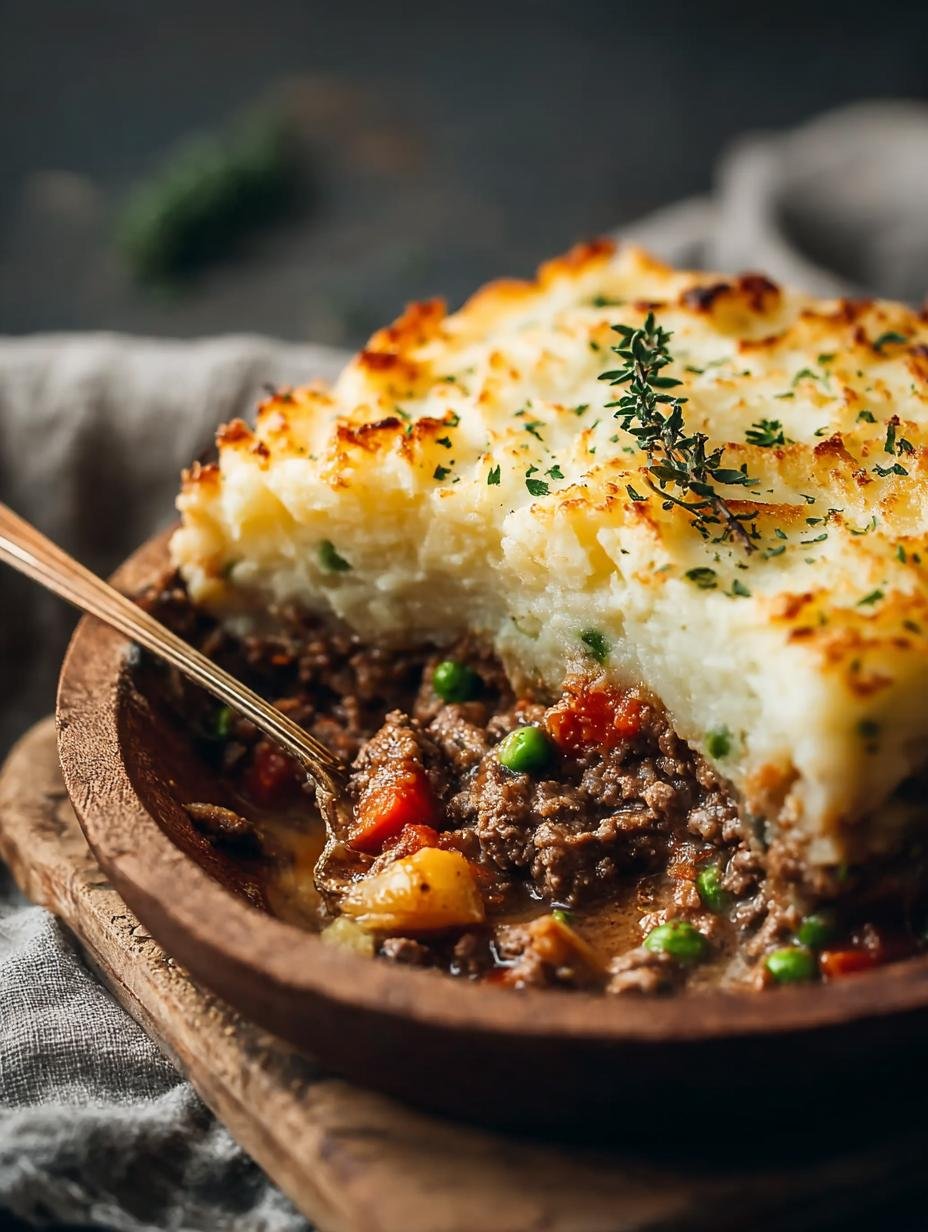Hearty Beef Shepherds Pie - golden brown potato topping with fork marks