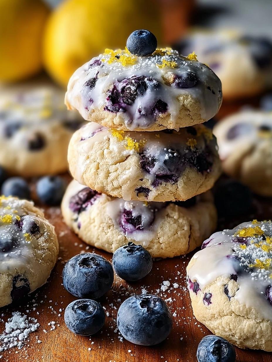 Irresistible Blueberry Lemon Frost: Pure Sunshine! 2 Irresistible Blueberry Lemon Frost Cookies - A close-up of soft, tender cookies topped with a zesty lemon glaze and fresh blueberries.
