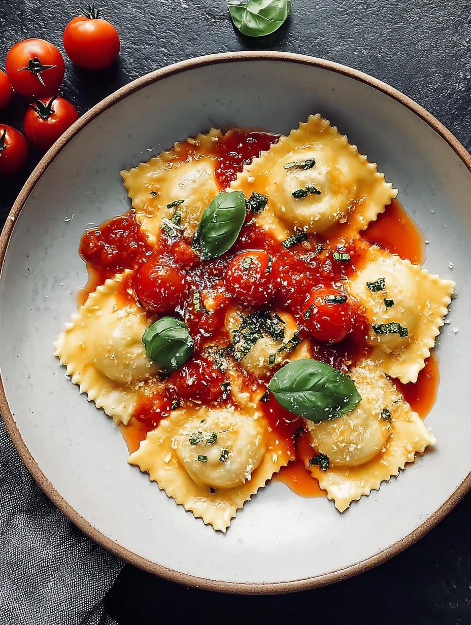 Stunning ~30-Min Ravioli Tomato Sauce Perfection 3 Ravioli Tomato Sauce - plated dish with fresh basil garnish
