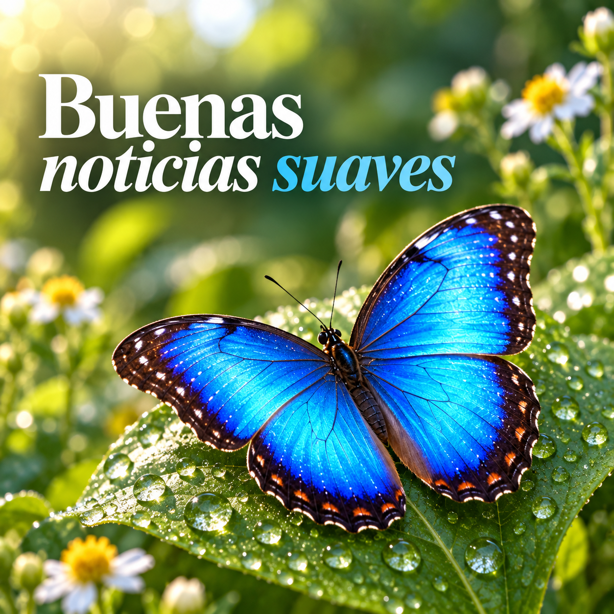 Mariposa azul sobre una hoja con gotas de rocío y el texto Buenas noticias suaves.