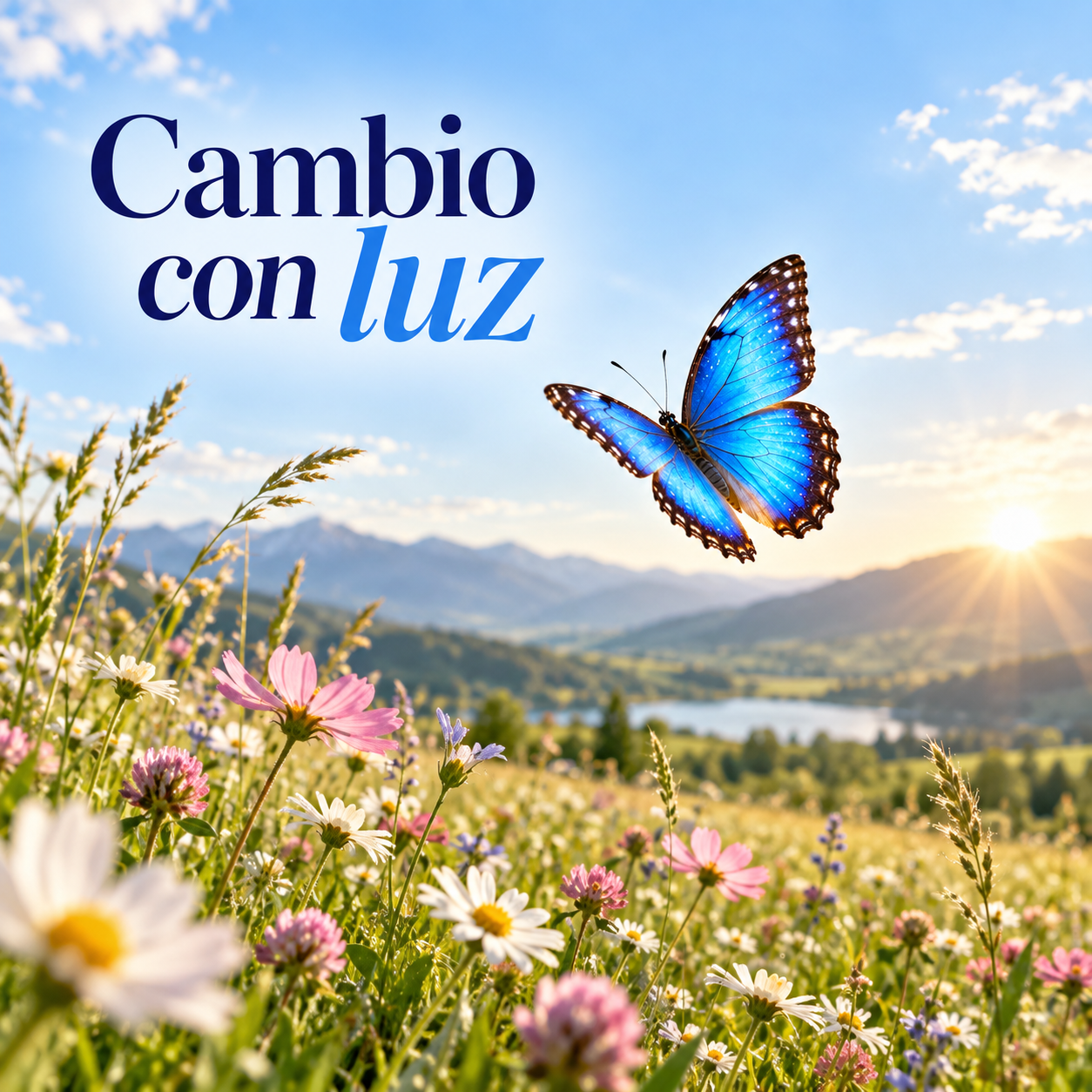Mariposa azul volando sobre un prado con flores y el texto Cambio con luz.