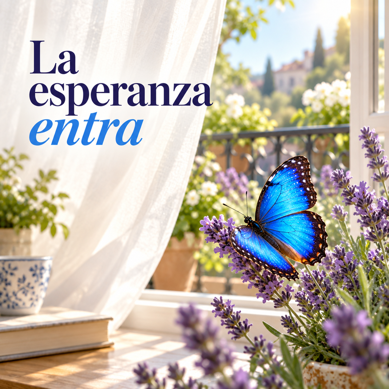 Mariposa azul junto a una ventana abierta con lavanda y el texto La esperanza entra.