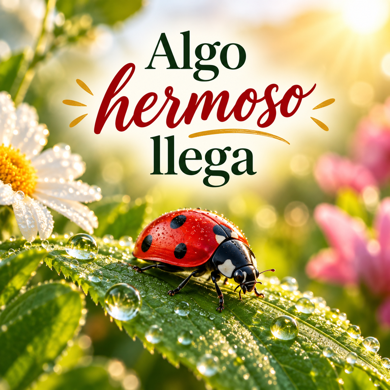 Mariquita roja sobre una hoja con flores y rocío junto al texto Algo hermoso llega.