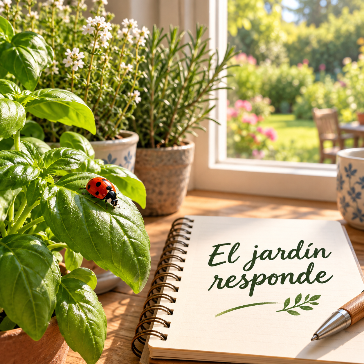 Mariquita sobre una hoja de albahaca junto a una libreta con el texto El jardín responde.