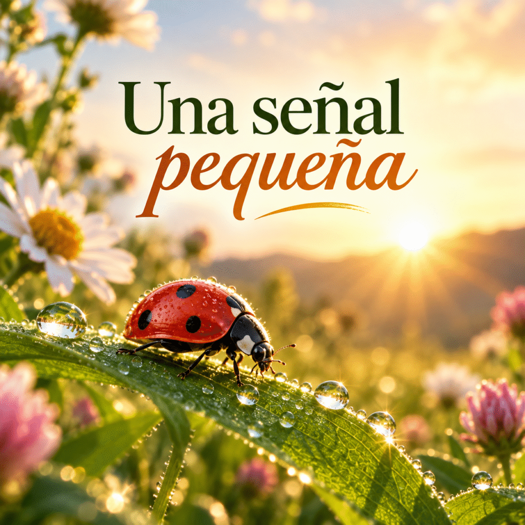 Mariquita roja con puntos negros sobre una hoja con gotas de rocío y el texto Una señal pequeña.