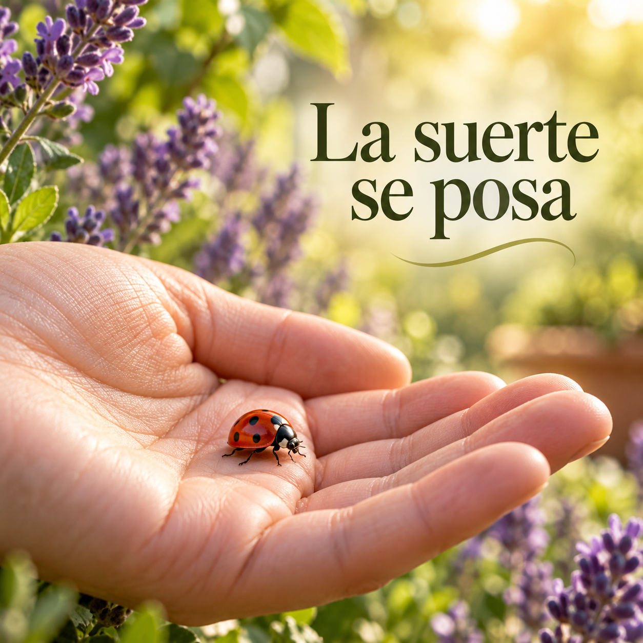 Mariquita sobre la palma de una mano en un jardín de lavanda con el texto La suerte se posa.