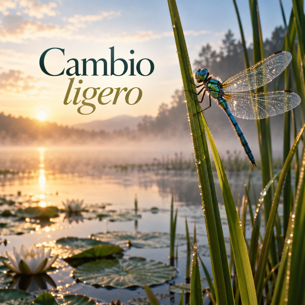 Libélula azul verde sobre juncos en un estanque al amanecer con el texto Cambio ligero.