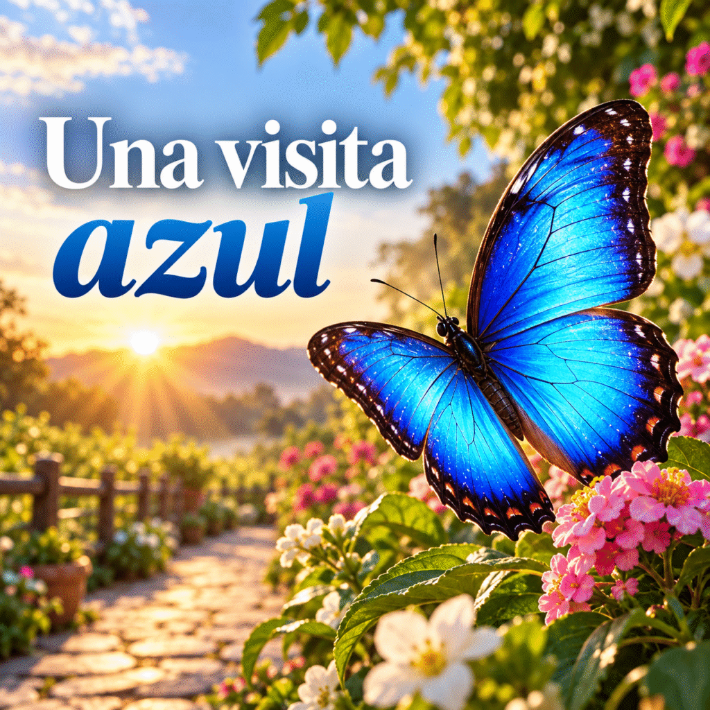 Mariposa azul grande en un jardín al amanecer con flores y el texto Una visita azul.