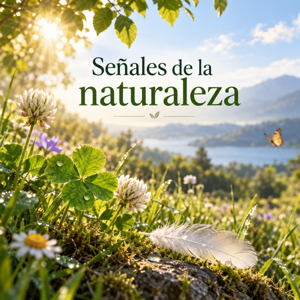 Trébol, flor y pluma con paisaje de montaña y el texto Señales de la naturaleza.