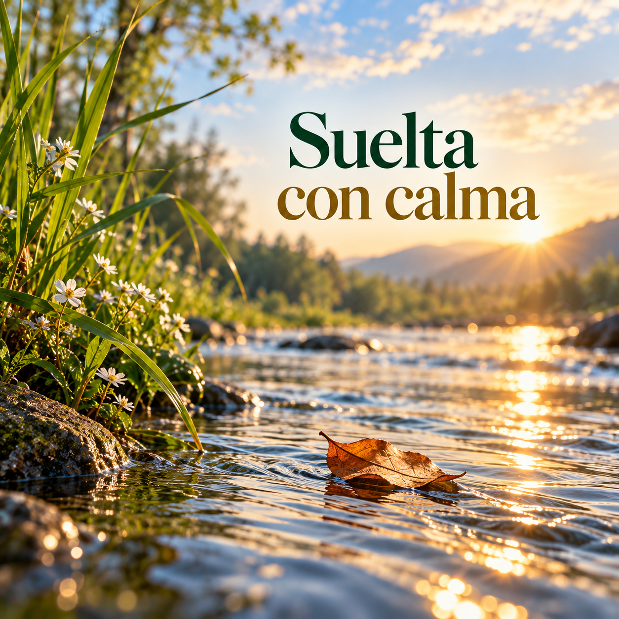 Hoja seca flotando en un río al amanecer con flores silvestres y el texto Suelta con calma.