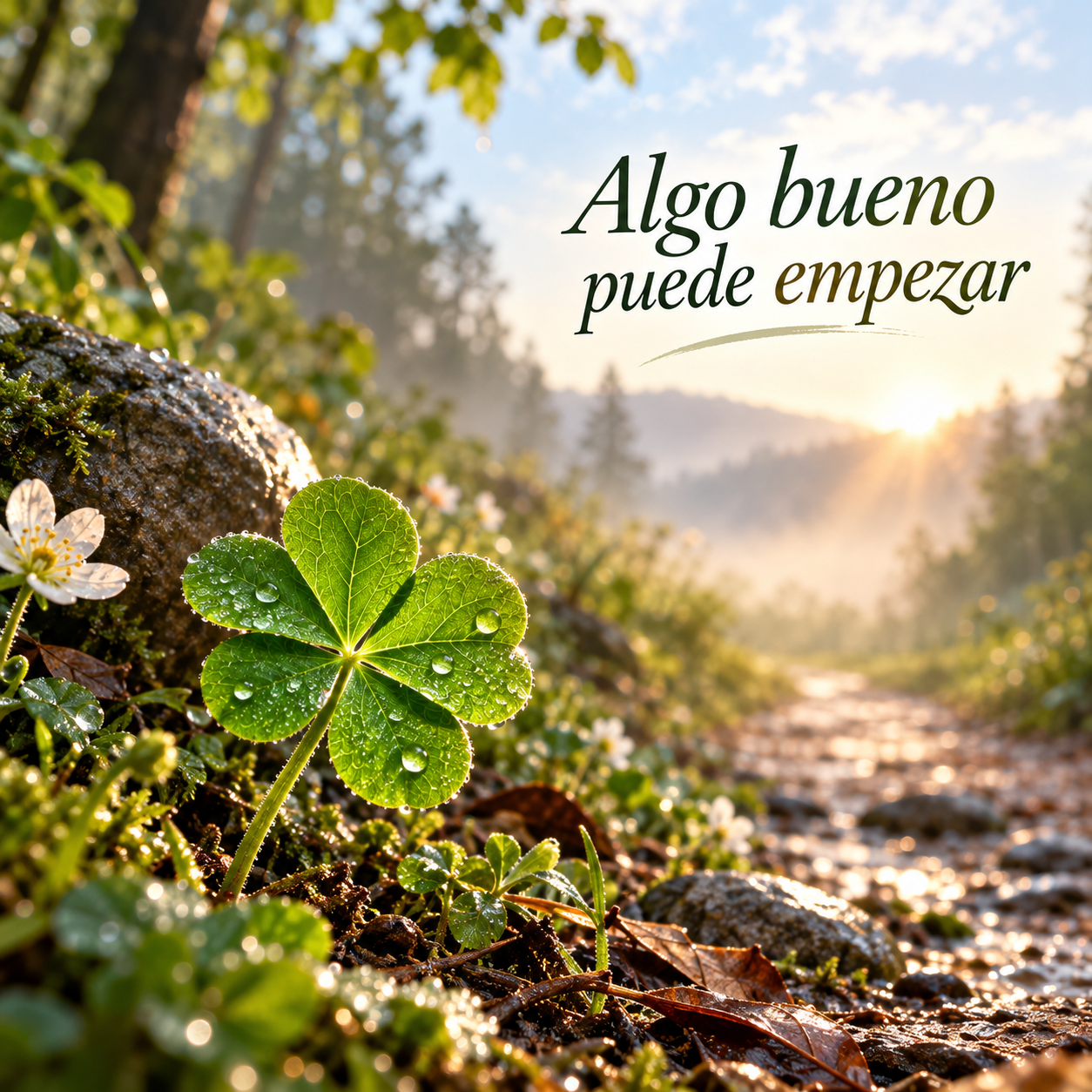 7 significados del trébol de cuatro hojas que revelan más que suerte 4 Trébol de cuatro hojas con gotas de rocío junto a un sendero iluminado por el amanecer y el texto Algo bueno puede empezar.