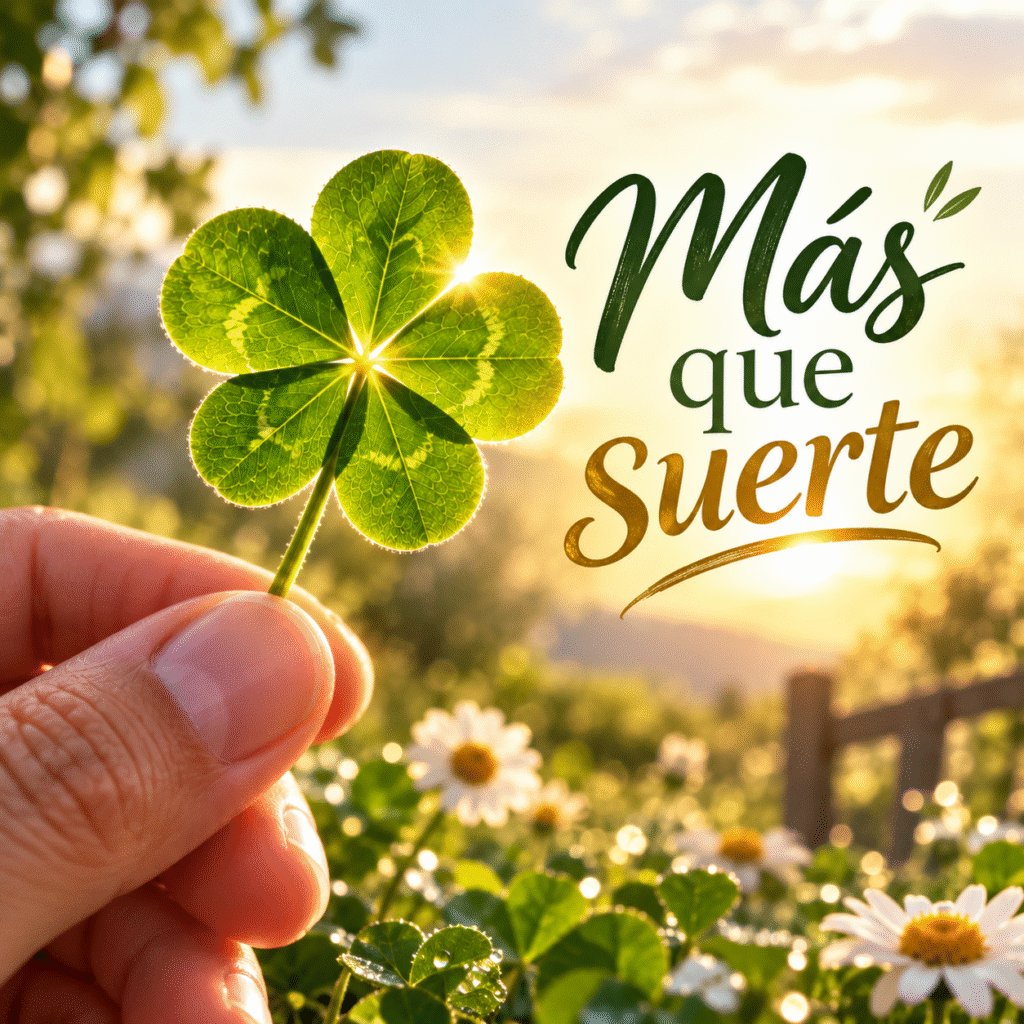 Mano sosteniendo un trébol de cuatro hojas iluminado por el sol con el texto Más que suerte.
