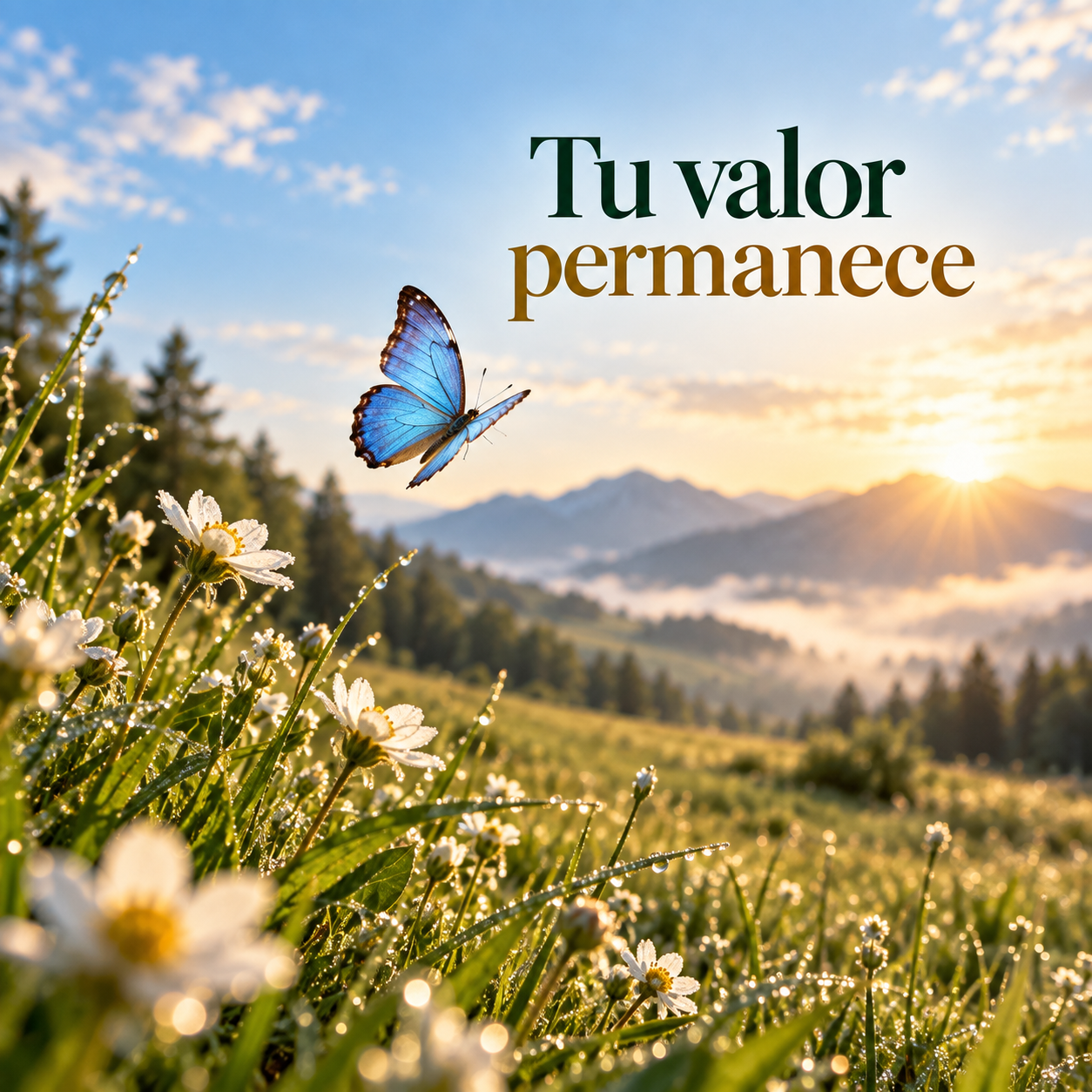 Mariposa azul volando sobre un prado con flores blancas al amanecer y el texto Tu valor permanece.